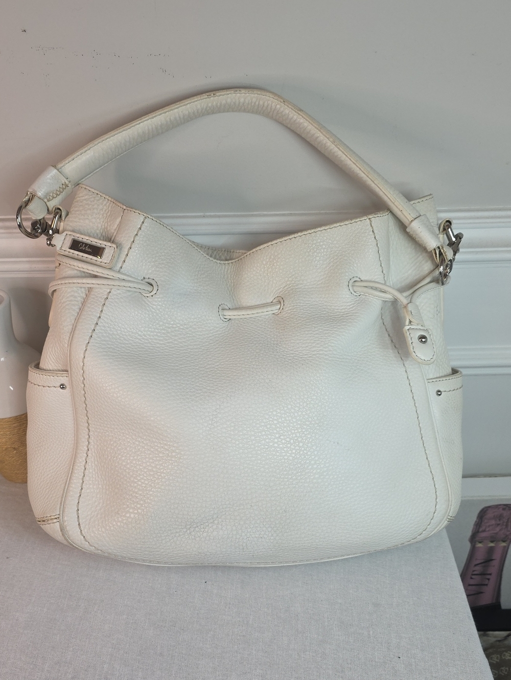 Cole Haan White Pebbled Leather Shoulder Hobo Bag B32240 Silver Hardware